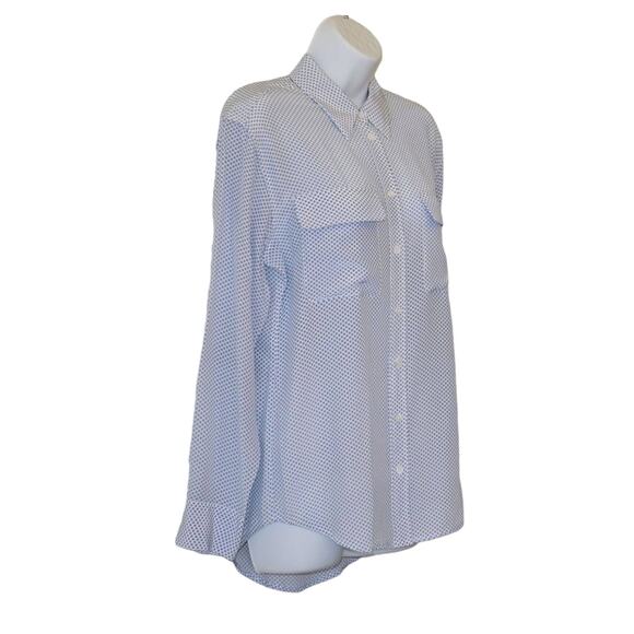 A8 Auth EQUIPMENT White W/Blue Ring Printed Silk Button Up LS Dress Shirt Sz XS - Picture 2 of 5